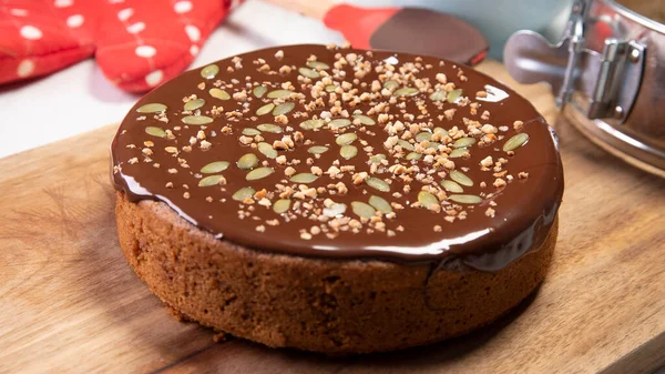 Gâteau Citrouille Chocolat Sur Une Planche Bois — Photo