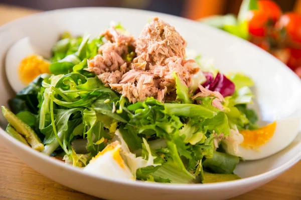Köstlicher Grüner Salat Mit Thunfisch Und Tomaten — Stockfoto