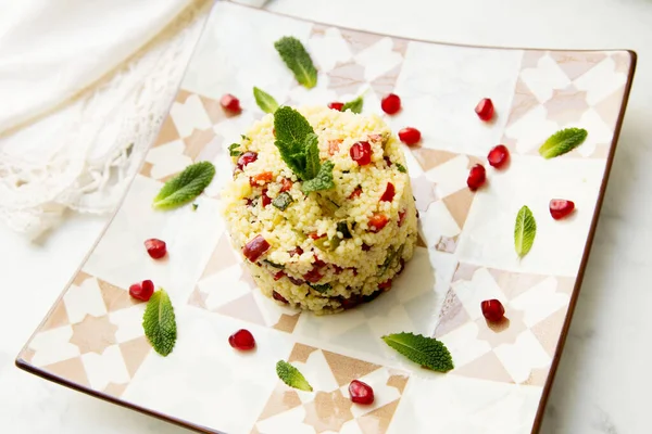 Couscous Salad Pomegranate Mint Leaves — Stock Photo, Image