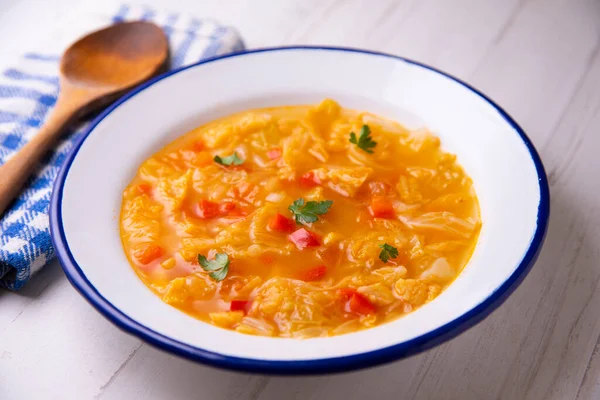 Sopa Menorquina Con Pimientos Col Tomate Con Rebanadas Pan —  Fotos de Stock