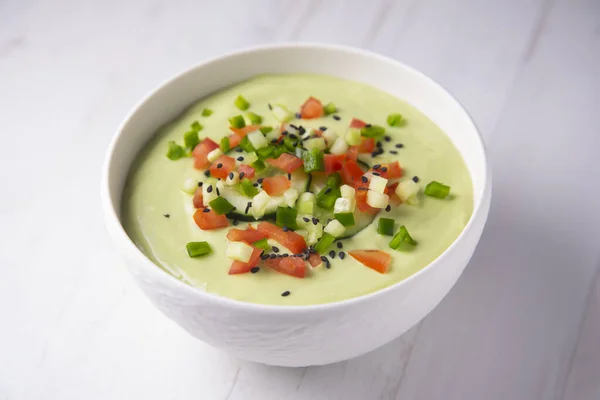 Avocado Gazpacho Cold Soup Various Ingredients Olive Oil Vinegar Water — Stock Photo, Image