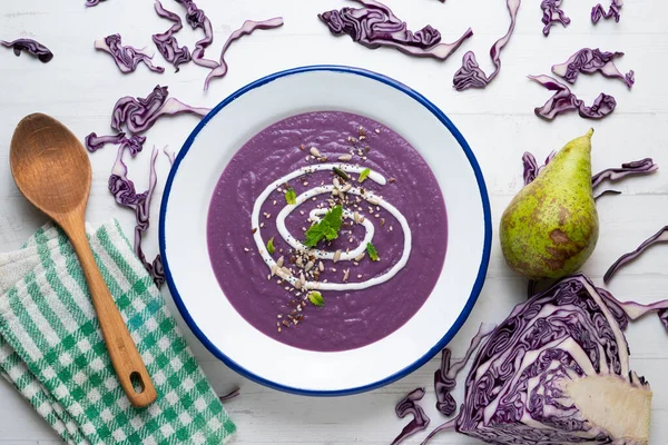 Red Cabbage Cream Pear Nuts — Stock Photo, Image