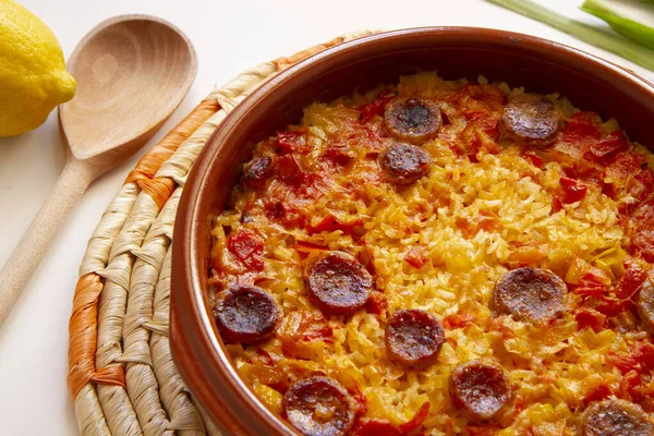 Baked Rice Chorizo Traditional Spanish Paella Recipe — Stock Photo, Image