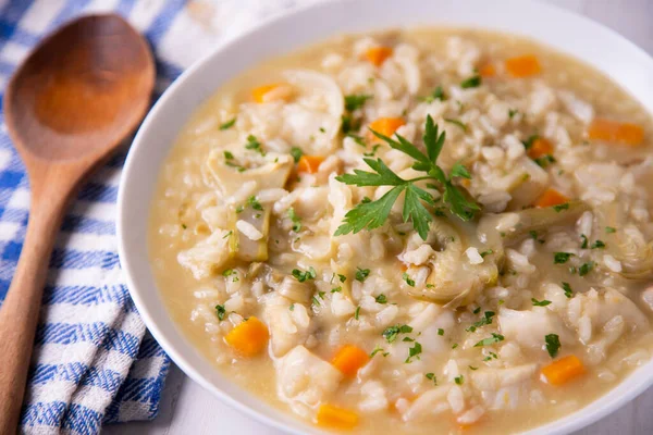 Soupy Rice Artichokes Carrot Traditional Spanish Paella Recipe — Stock Photo, Image