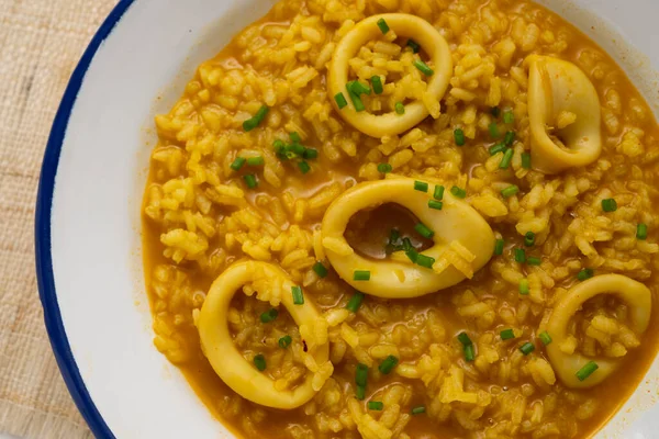 Soupy Rice Saffron Squid Traditional Spanish Paella Recipe — Stock Photo, Image