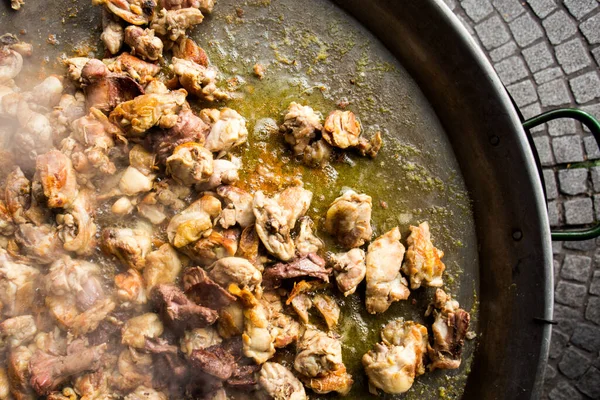 Preparation Traditional Spanish Paella City Valencia Ingredients Chicken Rabbit Beans — Stock Photo, Image