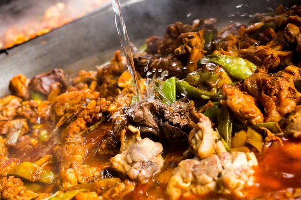 Voorbereiding Van Traditionele Spaanse Paella Stad Valencia Ingrediënten Kip Konijn — Stockfoto