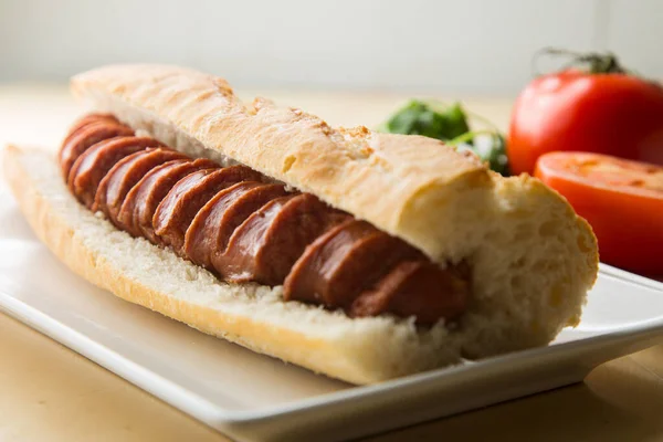 Hot Dog Delicioso Sándwich Con Salchicha Cerdo Estilo Frankfurt — Foto de Stock