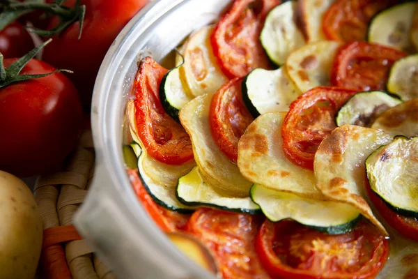 Vegetarian Tart Potato Zucchini Tomato Cut Slices — Stock Photo, Image