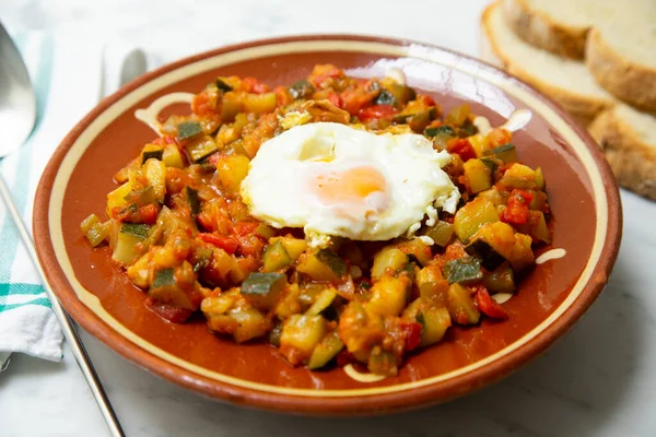 Manchego Pisto 也被称为Ratatouille 是拉曼查的传统菜肴 由各种蔬菜和鸡蛋组成 — 图库照片