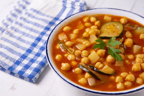 Typical Spanish Dish Chickpea Stew Vegetables Carrots Peppers Zucchini — Stock Photo, Image