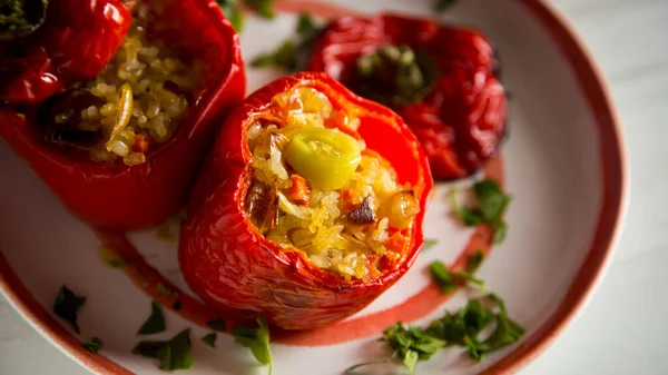 Baked Peppers Stuffed Rice Vegetables — Stock Photo, Image