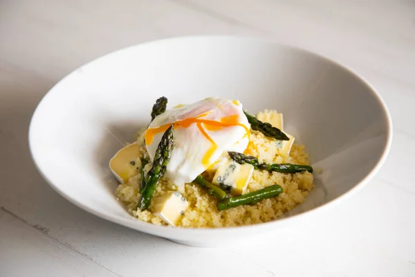 Couscous Dish Poached Egg Green Asparagus — Stock Photo, Image