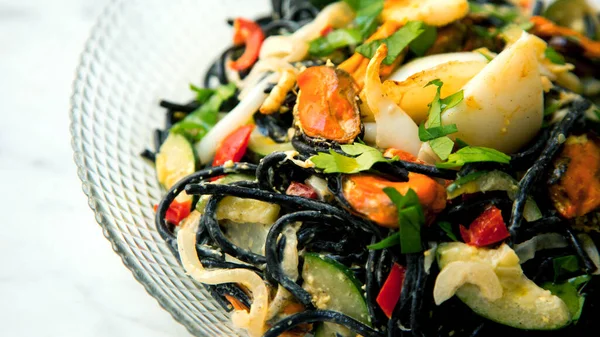Nero Cuttlefish Frutti Mare Pasta Recipe Těstoviny Kombinaci Mušlemi Škeblemi — Stock fotografie