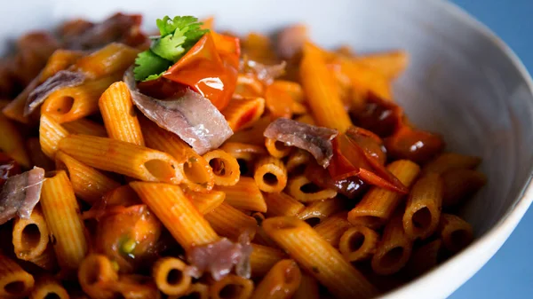 Sicilian Macaroni Anchovies Capers Traditional Italian Recipe — Stock Photo, Image