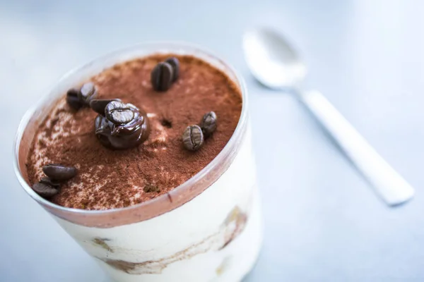 ティラミス ティラミス 層状に集まった冷たいケーキである コーヒー チョコレートパウダー マスカルポーネは このイタリアのデザートの主な成分です — ストック写真