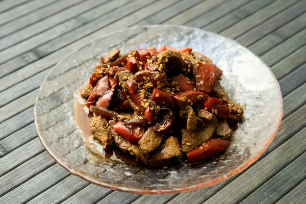 Strips Beef Cooked Soy Sauce Red Peppers — Stock Photo, Image