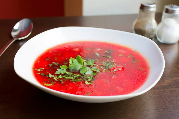 Borscht Traditionelle Ukrainische Suppe Aus Rote Bete Rindfleisch Und Gemüse — Stockfoto