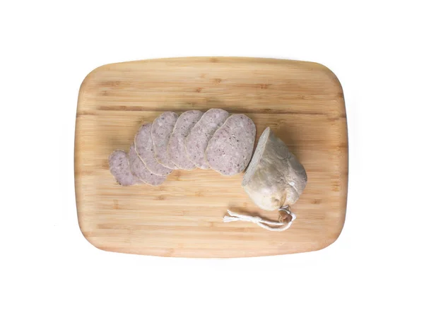 パルトロックまたは牛は最も厚いソーセージです 豚の膀胱や大腸をミンチ肉やマリネ脂肪で包んだソーセージ — ストック写真