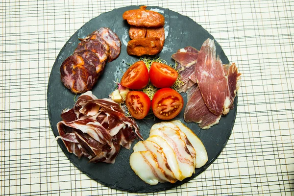 Tapa Selection Sausages Top Quality Iberico Cheese Ham Salchichn Manchego — Stock Photo, Image