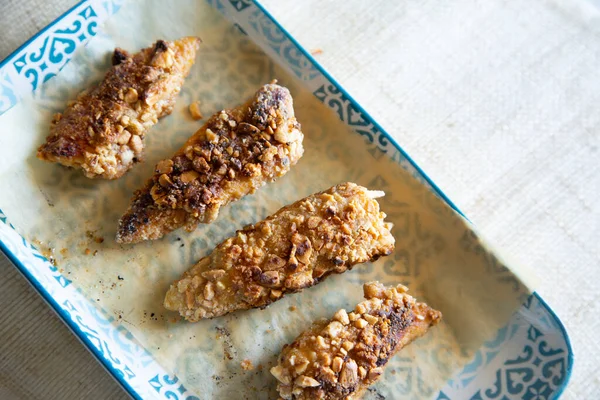 Battered Chicken Fingers Almonds American Restaurant — Stock Photo, Image