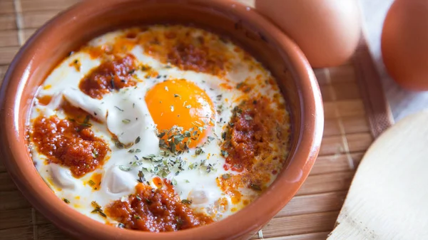 Baked Eggs Cooked Sabrasada Traditional Tapa Island Majorca — Stock Photo, Image