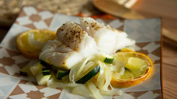 Baked Cod Cooked Lemon Onion Traditional Spanish Tapa Recipe Basque — Stock Photo, Image