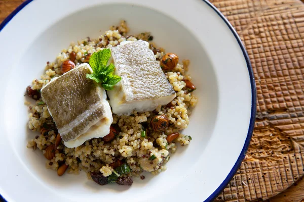 Baked Cod Cooked Quinoa Traditional Spanish Tapa Recipe Basque Country — Stock Photo, Image