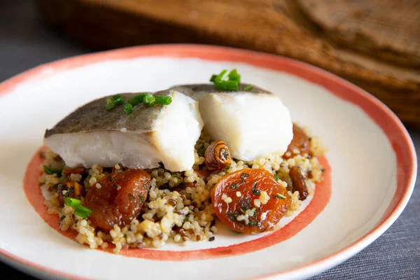 Baked Cod Cooked Quinoa Traditional Spanish Tapa Recipe Basque Country — Stock Photo, Image