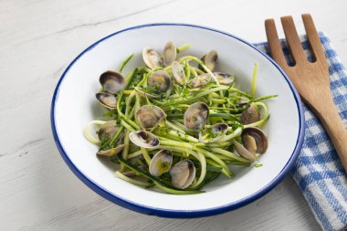 Kabak kurdeleleri istiridyeli sahanda spagetti simülasyonu..