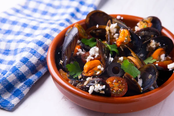 Traditional Spanish Tapa Steamed Mussels Cheese — Stock Photo, Image