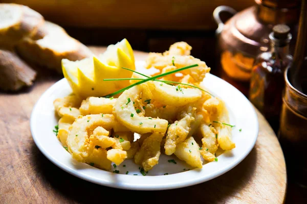 Fried Squid Tapa Lemon Traditional Recipe North Spain Squid Strips — Stock Photo, Image