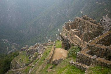 Peru 'nun kutsal vadisinde Machu Picchu şehrinin antik İnka kalesinin ayrıntıları..