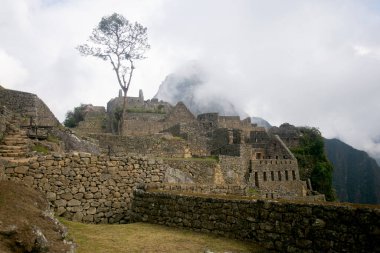 Peru 'nun kutsal vadisinde Machu Picchu şehrinin antik İnka kalesinin ayrıntıları..