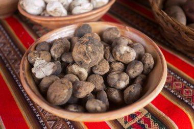 Peru patatesi çeşitleri. Pachamanca töreninde kuzu, alpaka, domuz ve sığır eti pişirilir. Ayrıca tüp ve sebze çeşitleri. Hepsi sıcak taşların altında ve toprakla kaplı..