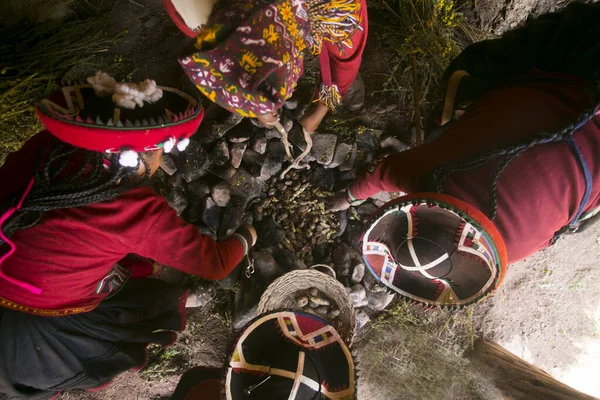 ペルーのパチャマンカ式のための基本的な成分 パチャマンカの儀式では アルパカ 牛肉が調理されます 塊茎や野菜の様々な 熱い石の下に地に覆われ — ストック写真