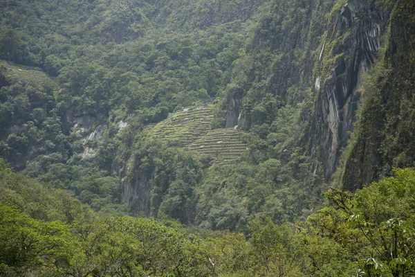 stock image Hiking from Santa Teresa Hidroelctrica to Aguas Calientes to reach Machupichu. Path following the train tracks with several hikers.