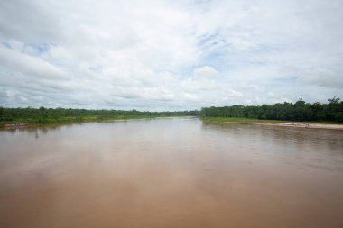 Peru ormanlarındaki Yurimaguas şehri ve Huallaga nehri manzarası. 