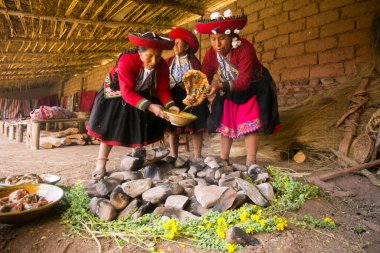 Maras, Peru; 1st October 2022: Celebrating Pachamanca feast with a Quechua tribe in the Sacred Valley, Peru.