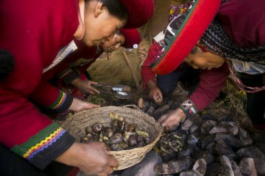 Maras, Peru; 1st October 2022: Celebrating Pachamanca feast with a Quechua tribe in the Sacred Valley, Peru.