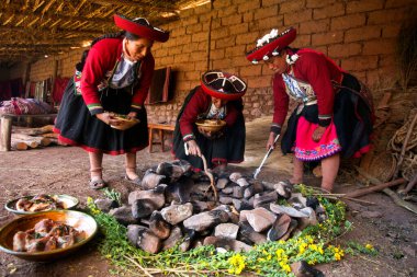 Maras, Peru; 1st October 2022: Celebrating Pachamanca feast with a Quechua tribe in the Sacred Valley, Peru.