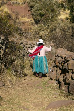 Peru 'daki Titicaca Gölü yakınlarında Llachon' da yürüyen bir kadın..