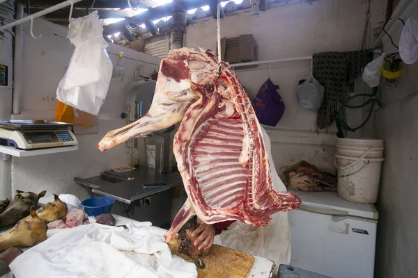 Carne Porco Para Venda Açougue Mercado Central Cidade Cusco Peru — Fotografia de Stock