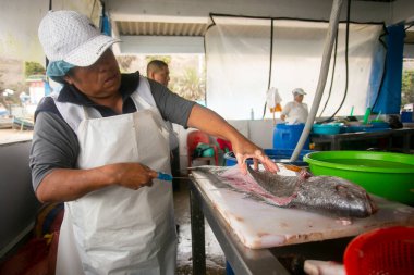 Lima, Peru; 1 Ocak 2023: Peru 'nun Lima kentindeki Chorios limanında balık temizleyen kadın.