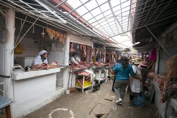 Cusco Peru Janeiro 2023 Barraca Vendendo Carne Mercado Central Sant — Fotografia de Stock