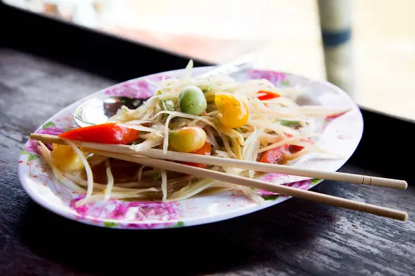 Traditioneller Grüner Thailändischer Papayasalat Einem Street Food Stand Bangkok — Stockfoto