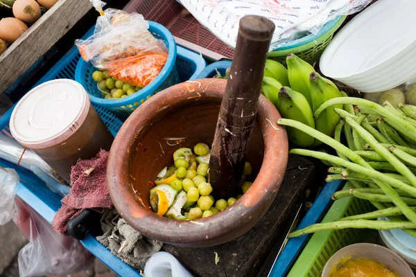 Mortier Avec Des Légumes Stand Nourriture Dans Les Rues Bangkok — Photo