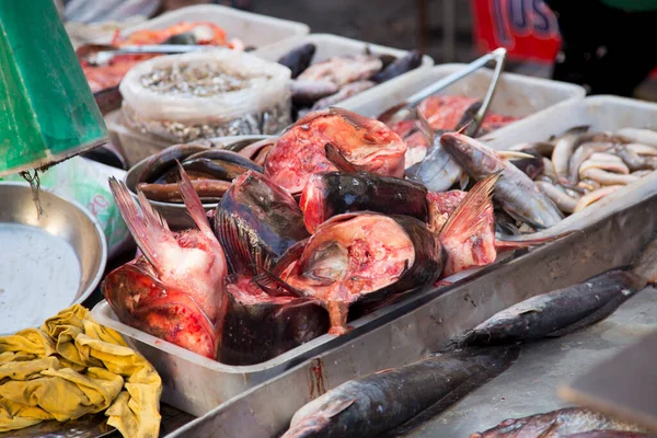 Vis Hoofden Een Straat Etenswaar Kraam Bangkok Thailand — Stockfoto