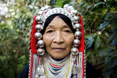 Chiang Mai, Tayland; 1 Ocak 2023: Tayland 'ın kuzeyindeki yerli Akha kabilesinden yaşlı bir kadın organik kahve tarlasında.