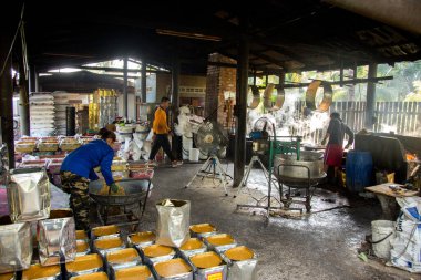 Samut Songkhram, Tayland; 1 Ocak 2023: Tayland 'da şeker üreten organik bir hindistan cevizi tarlasında çalışan insanlar.